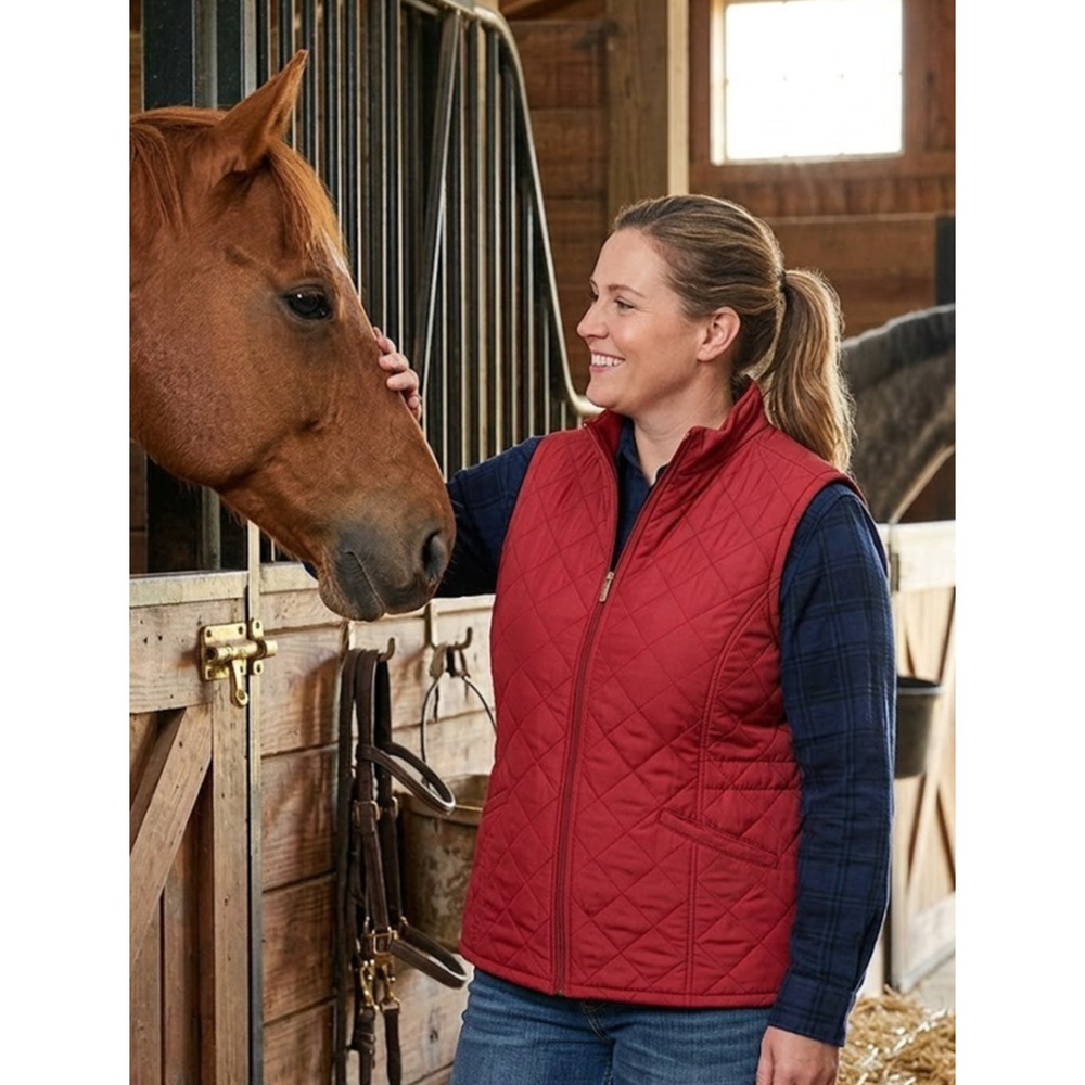 Bit & Bridle Women 1X Red Quilted Vest Fleece Lined Zip Front Pockets Equestrian
